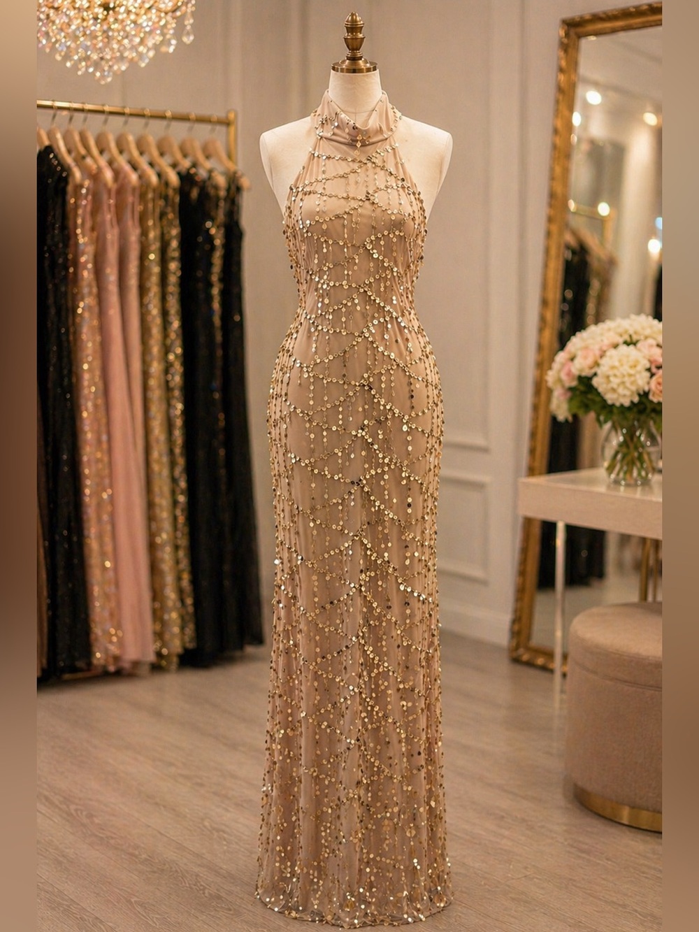 CLEARANCE Nude/Champagne Sequin Halter Maxi Dress – Size S (Fits XS/Junior 1)